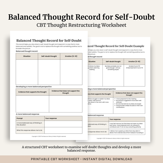Printable Balanced Thought Record for Self-Doubt worksheet featuring CBT cognitive restructuring, evidence for and against self-doubt thoughts, balanced thinking and a completed example.