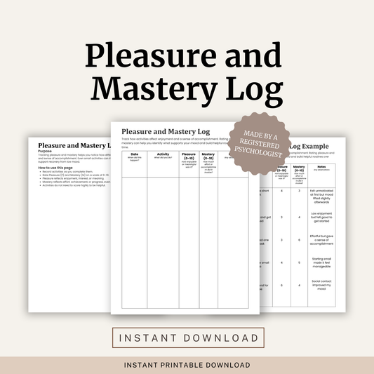 Printable Pleasure and Mastery Log featuring behavioural activation, activity tracking, pleasure ratings, mastery ratings, daily activity monitoring and a completed example.