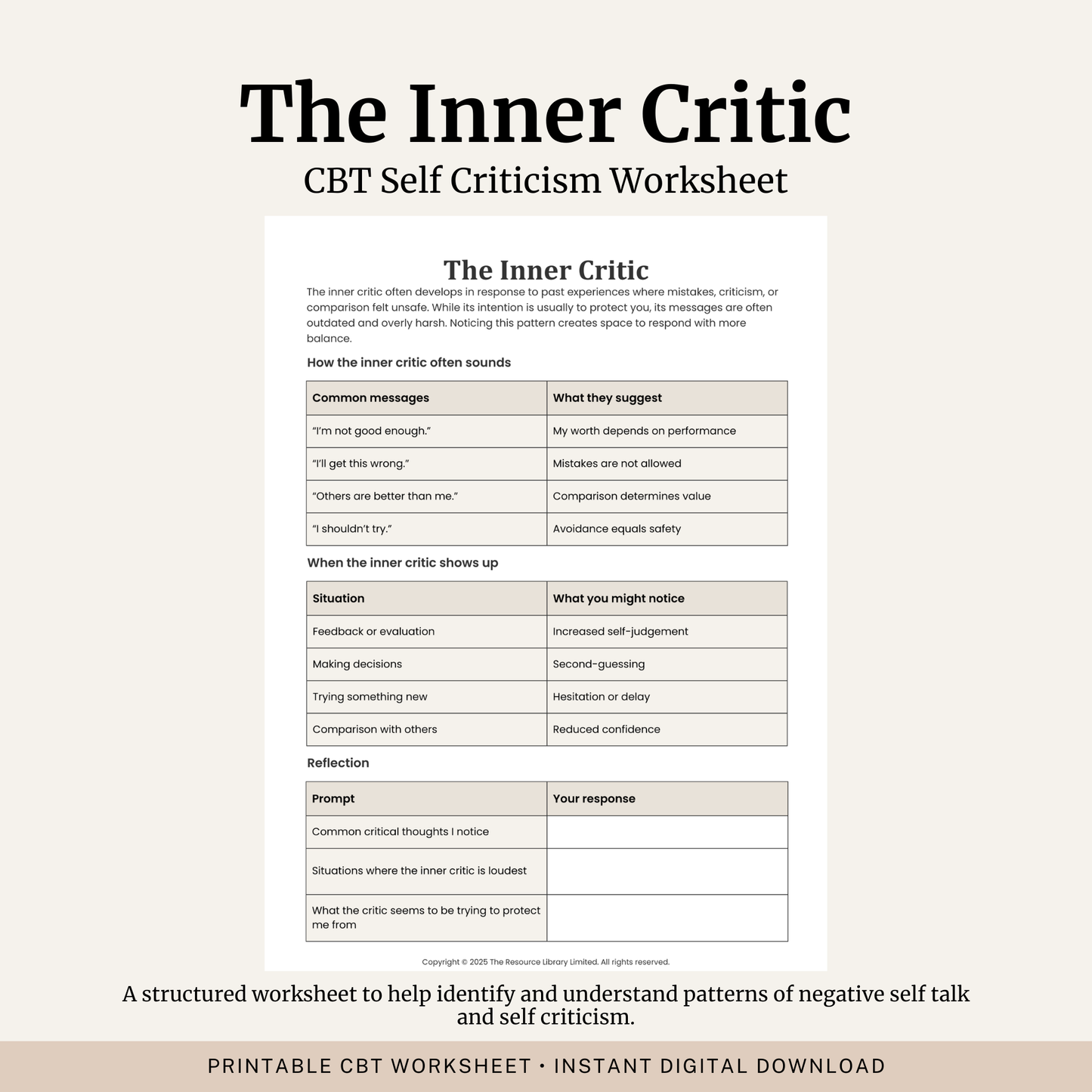 Printable The Inner Critic Worksheet featuring self criticism, self compassion, critical thoughts, confidence building and guided self reflection.