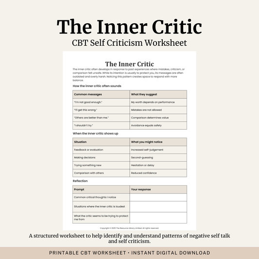 Printable The Inner Critic Worksheet featuring self criticism, self compassion, critical thoughts, confidence building and guided self reflection.