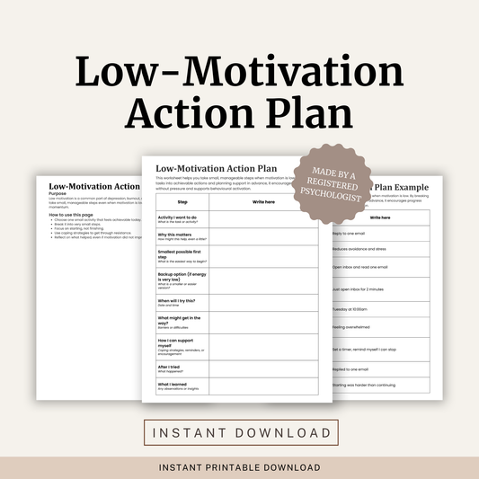 Printable Low Motivation Action Plan Worksheet featuring behavioural activation, overcoming avoidance, small action planning, reducing barriers and a completed example.