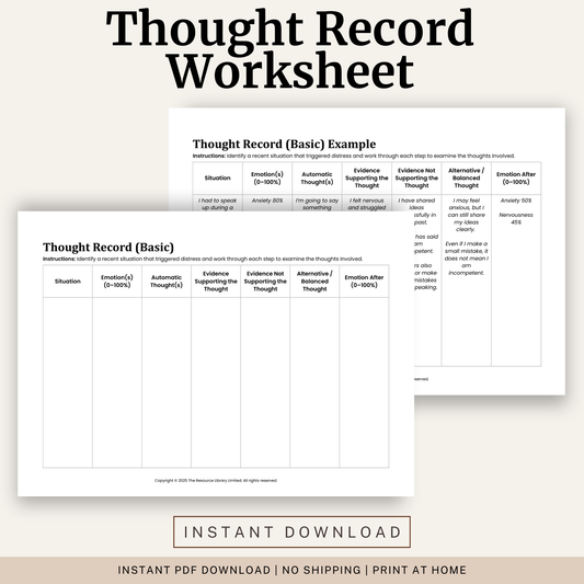 Printable Thought Record (Basic) Worksheet featuring a CBT thought record, automatic thoughts, evidence for and against, balanced thoughts and a completed example.