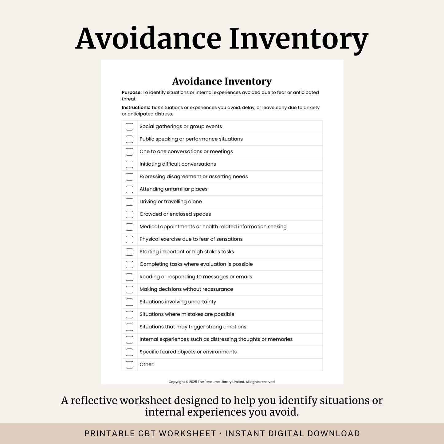 Printable Avoidance Inventory Worksheet featuring a CBT avoidance checklist for anxiety, avoidance behaviours, feared situations and exposure therapy planning.