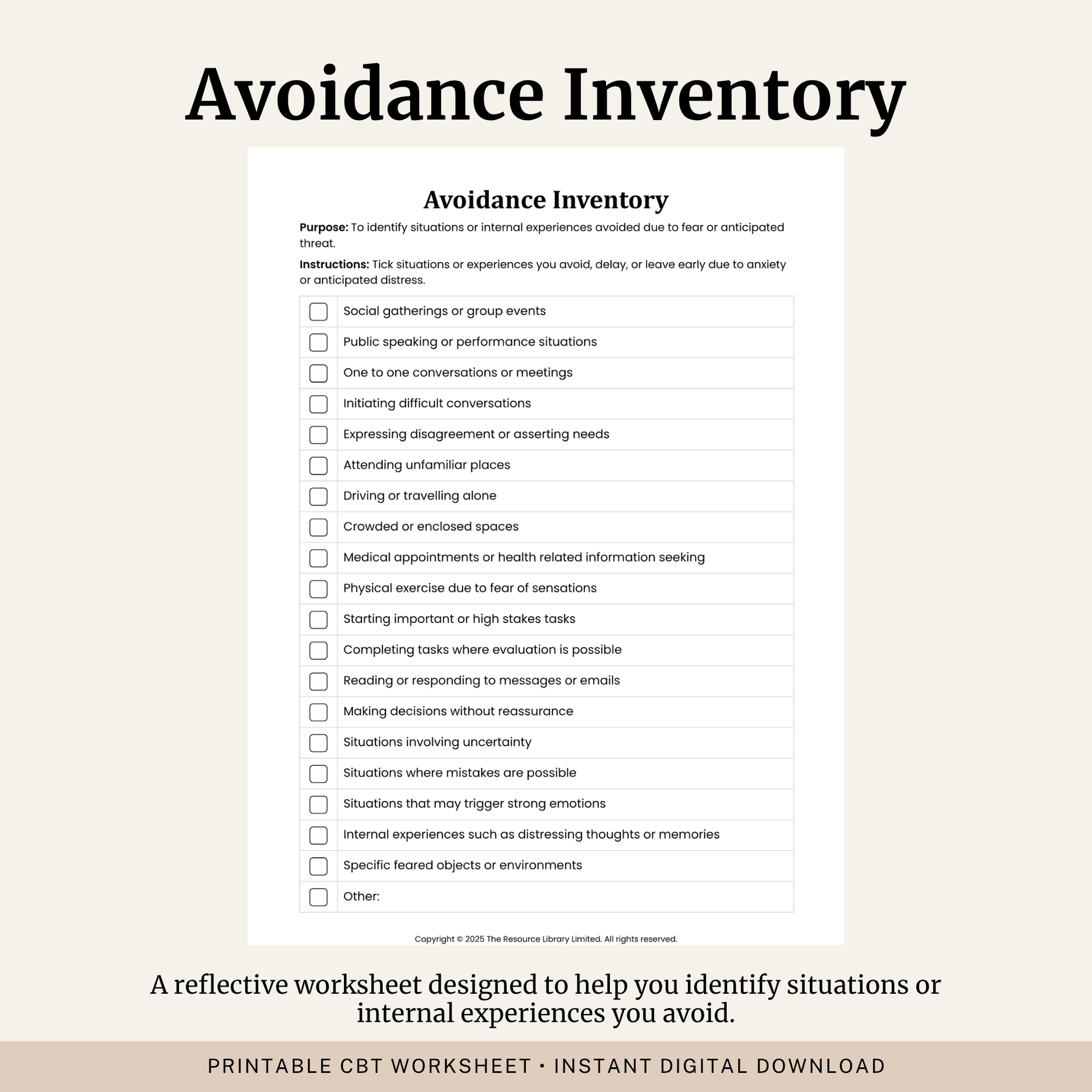 Printable Avoidance Inventory Worksheet featuring a CBT avoidance checklist for anxiety, avoidance behaviours, feared situations and exposure therapy planning.