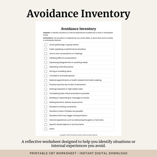 Printable Avoidance Inventory Worksheet featuring a CBT avoidance checklist for anxiety, avoidance behaviours, feared situations and exposure therapy planning.