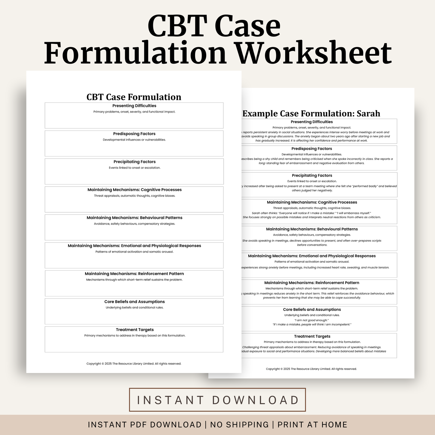 Printable CBT Case Formulation Worksheet featuring a structured cognitive behavioural therapy formulation template and a completed example case formulation.