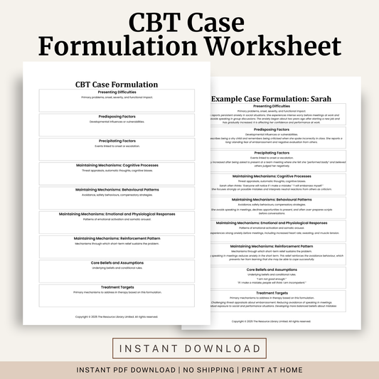 Printable CBT Case Formulation Worksheet featuring a structured cognitive behavioural therapy formulation template and a completed example case formulation.
