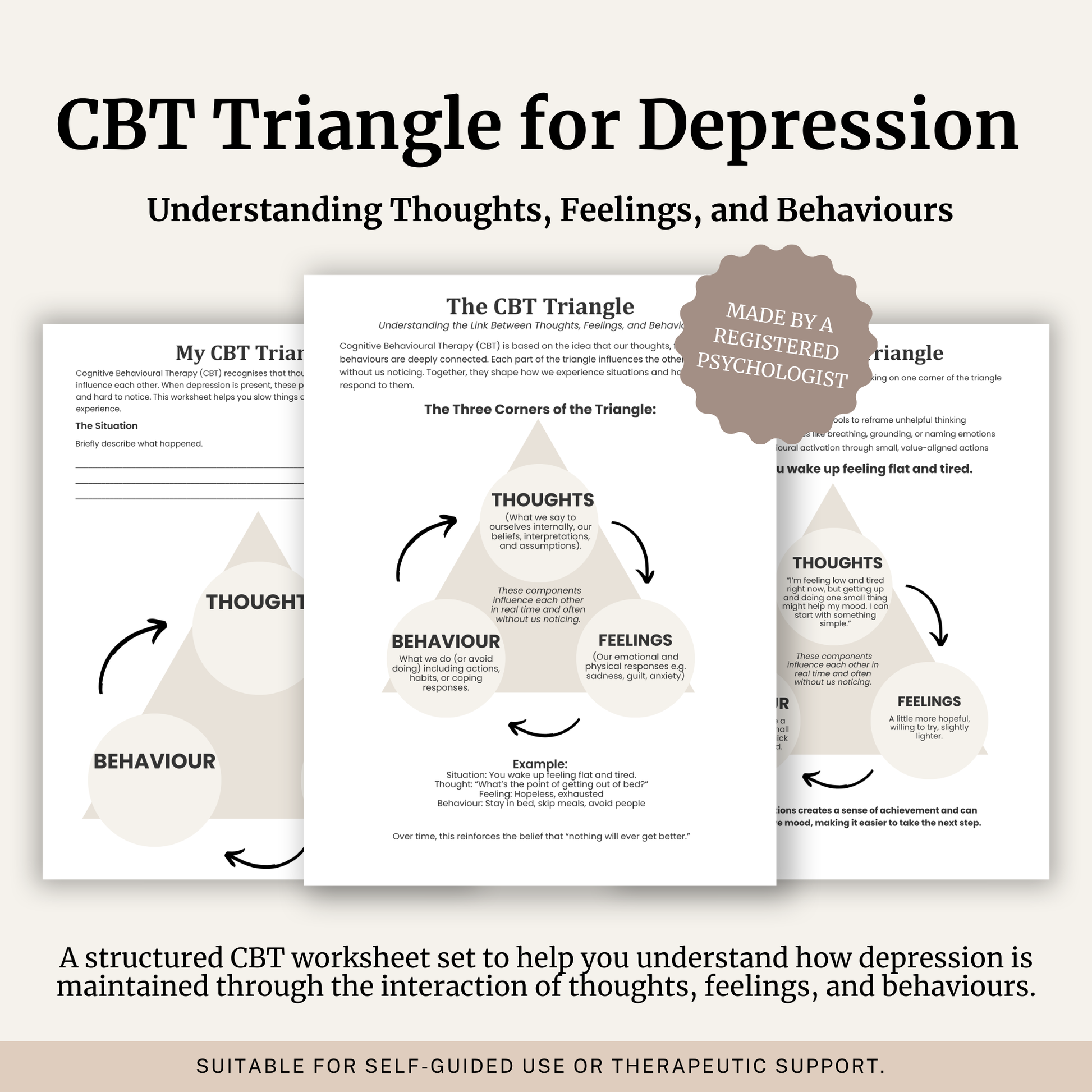 Printable CBT Triangle for Depression featuring the CBT triangle, depression psychoeducation, the depressive cycle, thoughts, feelings and behaviours, CBT worksheets and information sheets.