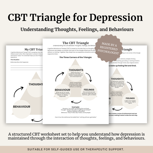 Printable CBT Triangle for Depression featuring the CBT triangle, depression psychoeducation, the depressive cycle, thoughts, feelings and behaviours, CBT worksheets and information sheets.