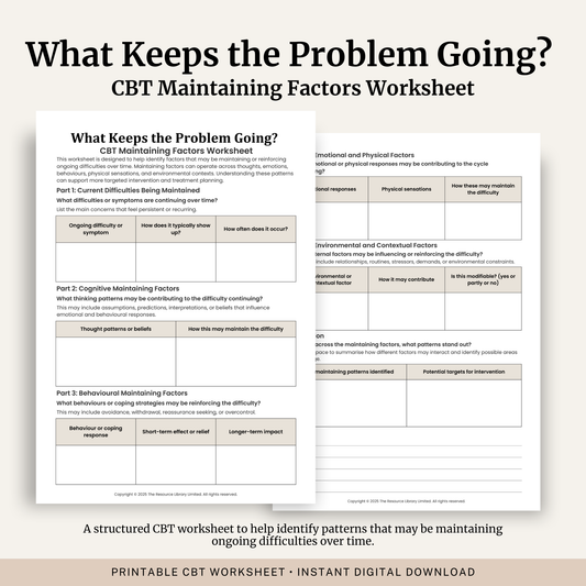 Printable What Keeps the Problem Going? Worksheet featuring CBT maintaining factors, cognitive and behavioural patterns, emotional and environmental influences, case formulation and guided reflection.