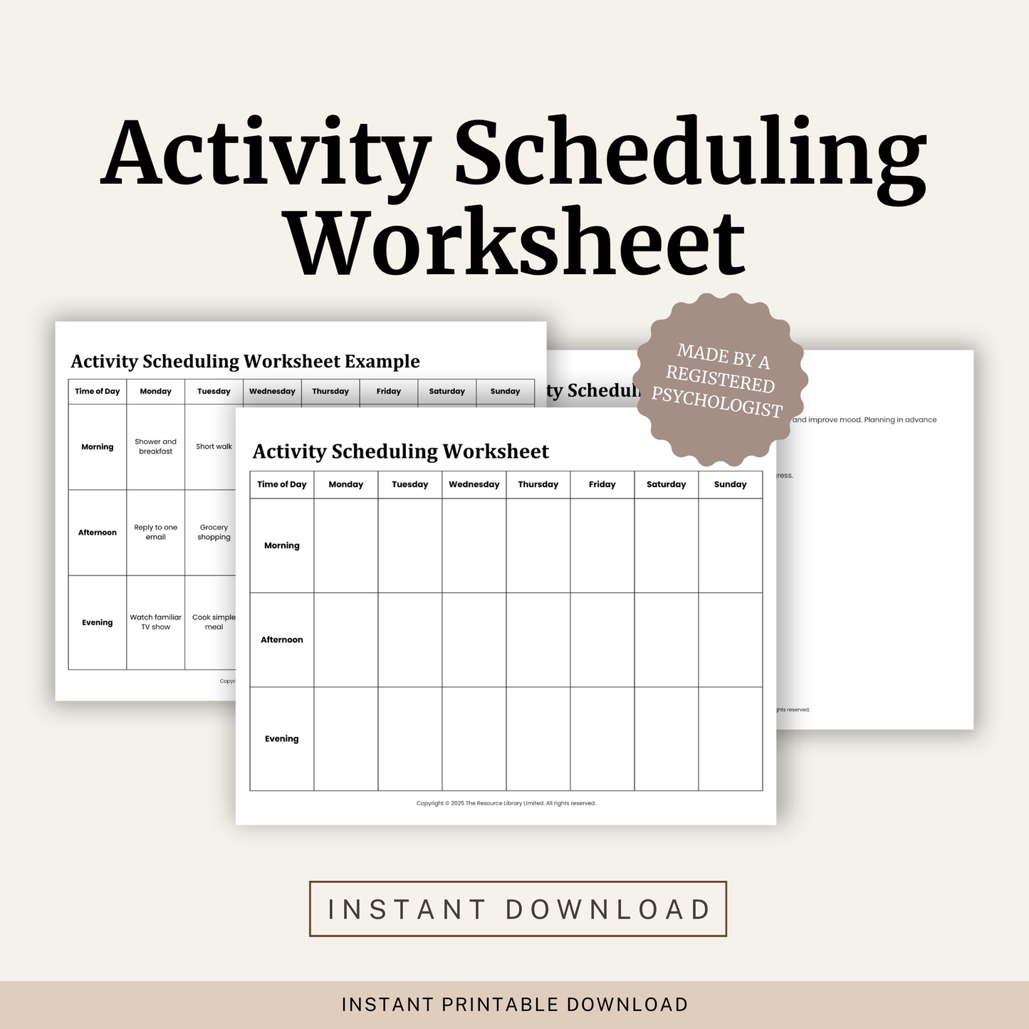 Printable Activity Scheduling Worksheet featuring a weekly behavioural activation planner, activity scheduling template, CBT planning worksheet and completed example.