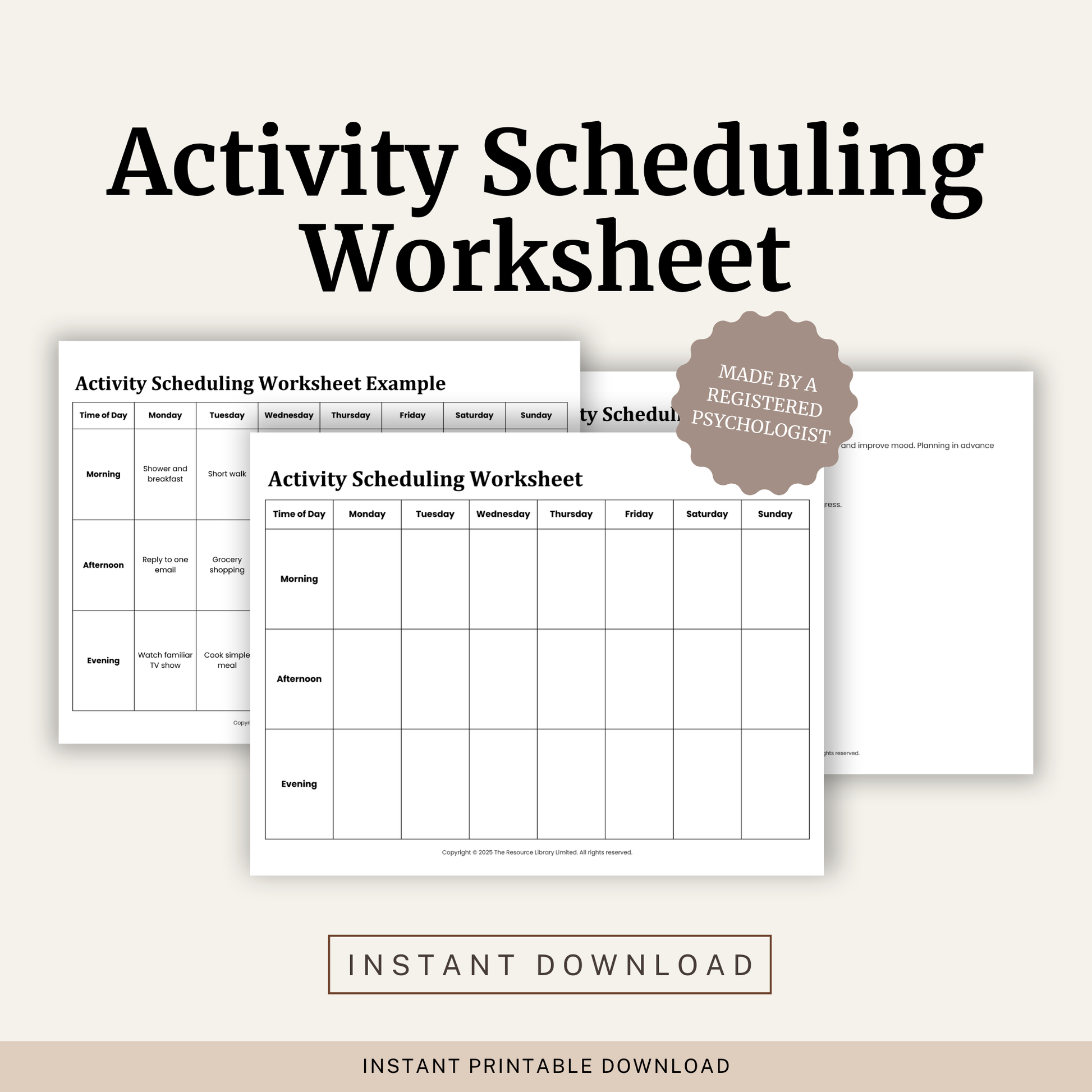 Printable Activity Scheduling Worksheet featuring a weekly behavioural activation planner, activity scheduling template, CBT planning worksheet and completed example.