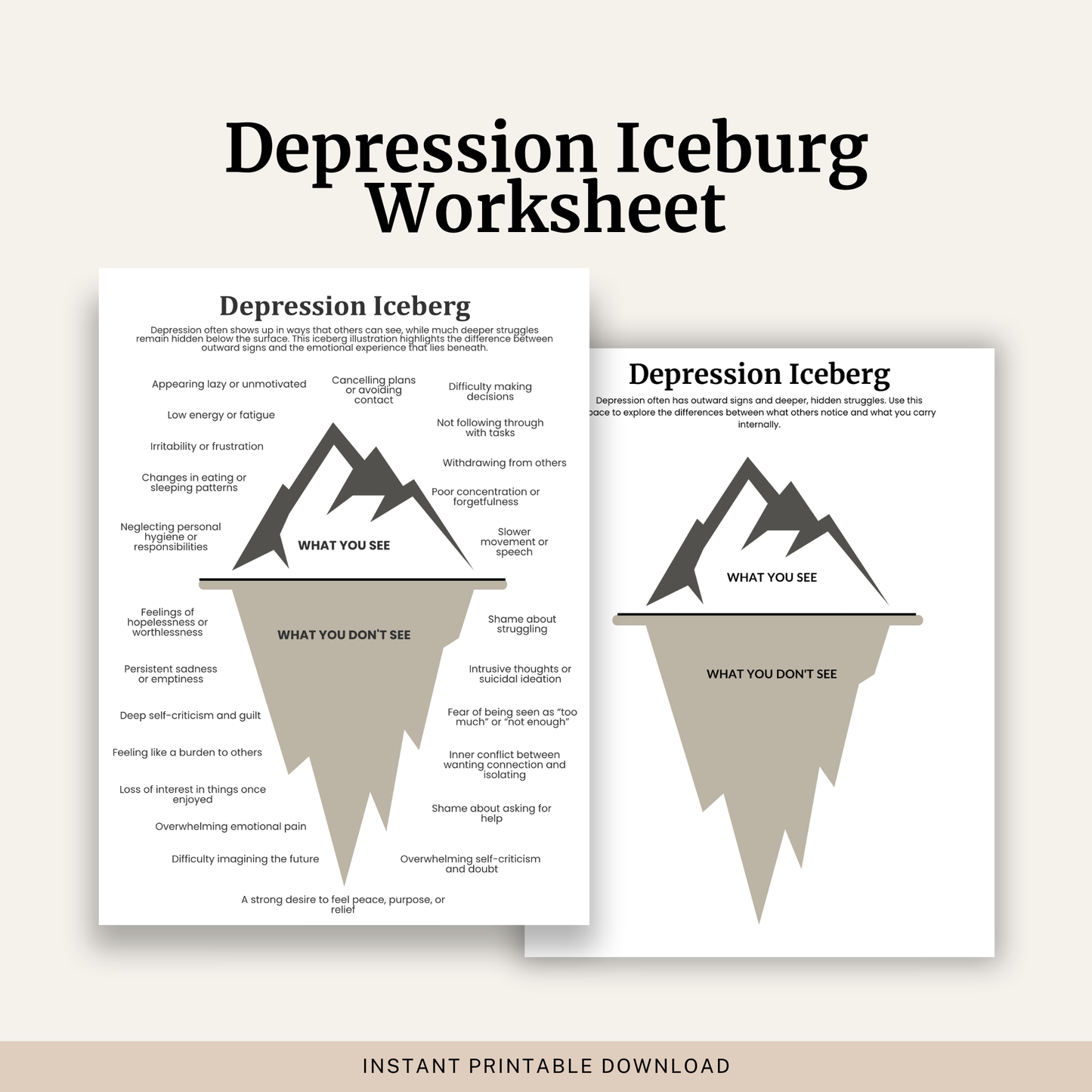 Printable Depression Iceberg Worksheet featuring hidden symptoms of depression, visible signs of depression, CBT psychoeducation and a self reflection worksheet.