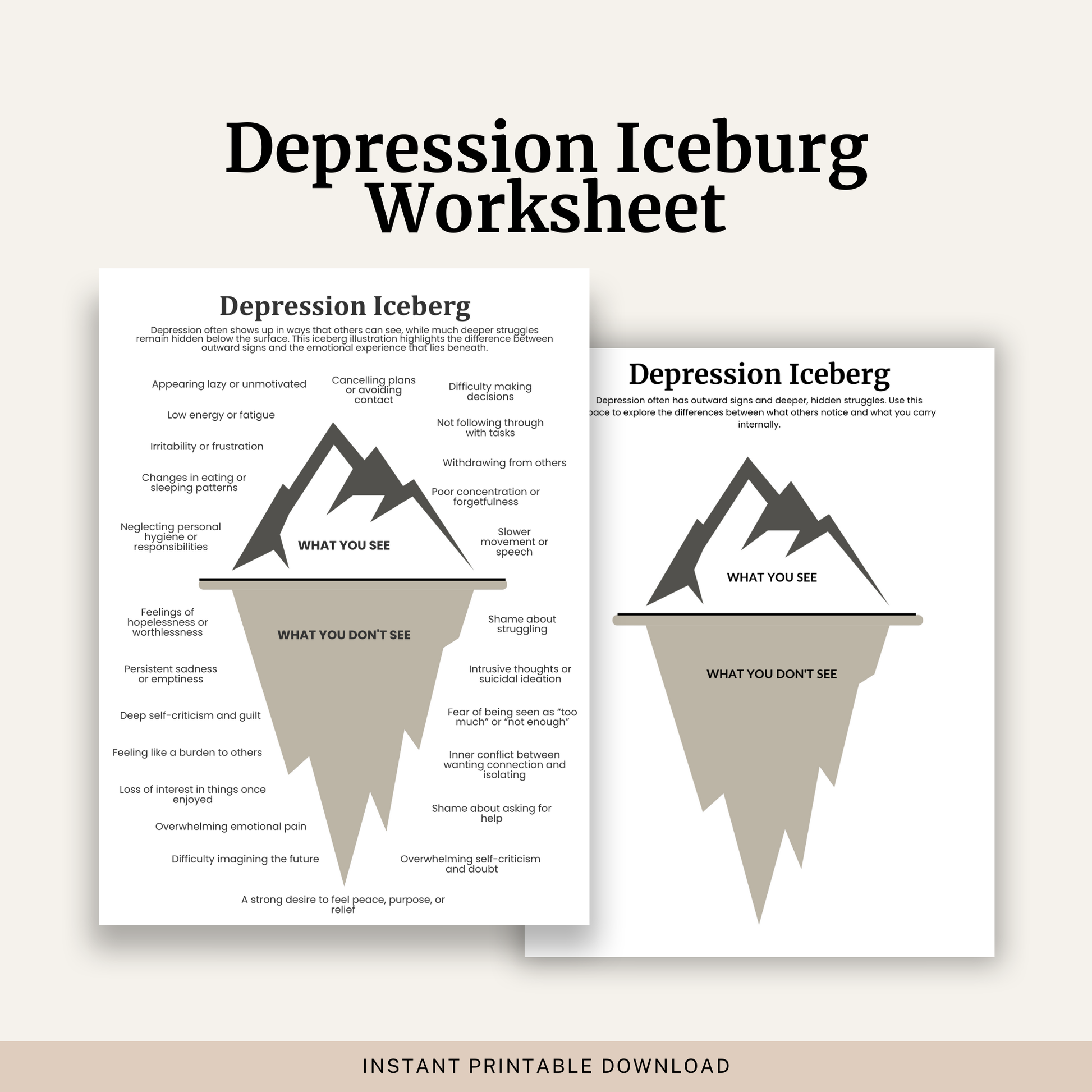 Printable Depression Iceberg Worksheet featuring hidden symptoms of depression, visible signs of depression, CBT psychoeducation and a self reflection worksheet.