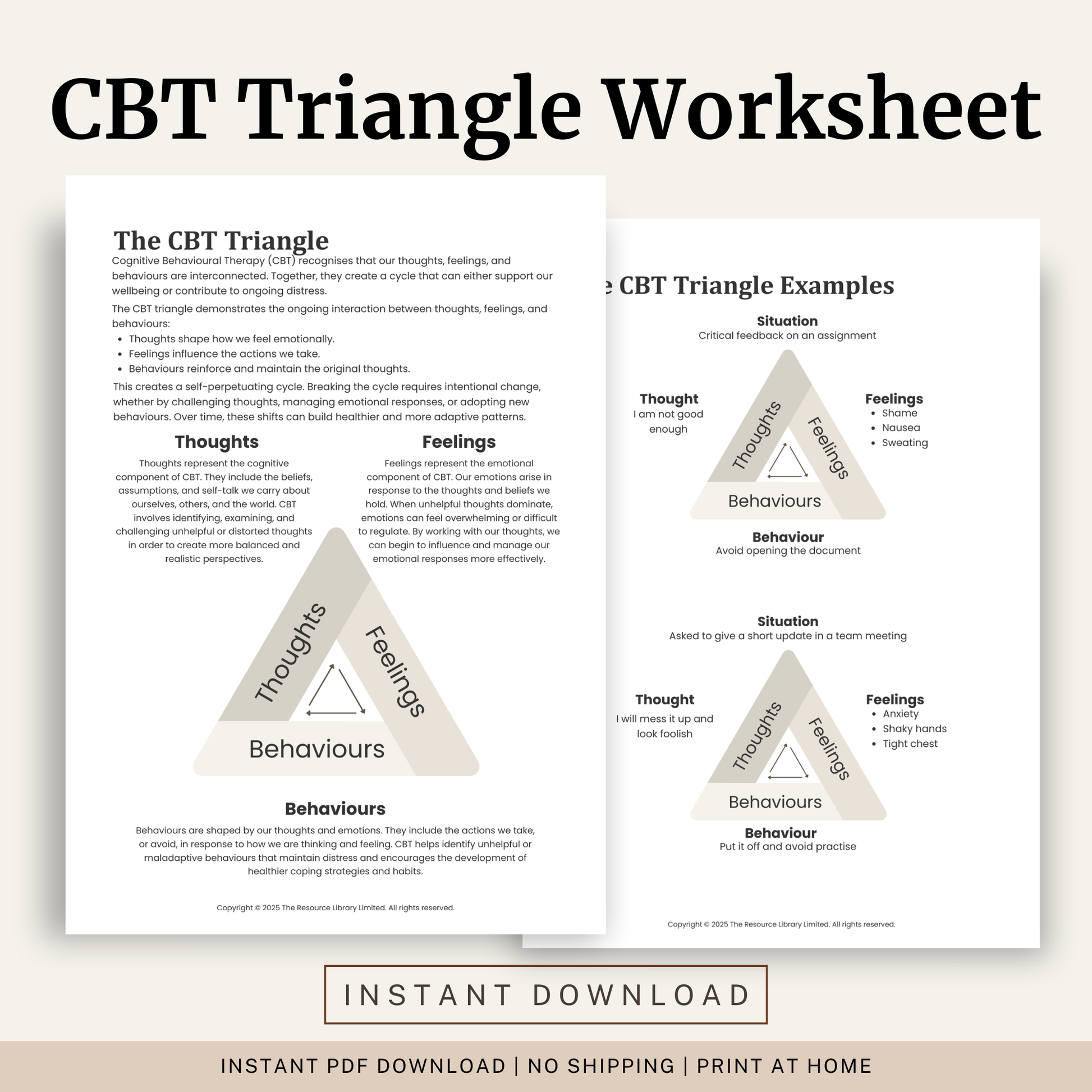 Printable CBT Triangle Worksheet featuring the Cognitive Behaviour Therapy triangle, thoughts, feelings and behaviours, psychoeducation, a completed example and printable worksheets.