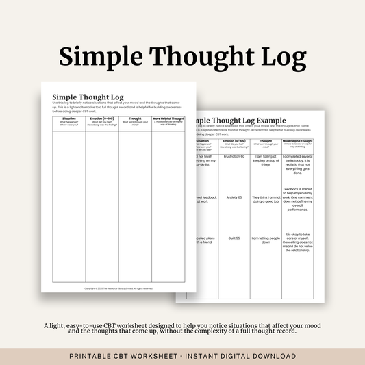 Printable Simple Thought Log featuring CBT thought monitoring, emotions, automatic thoughts, balanced thoughts and a completed example.