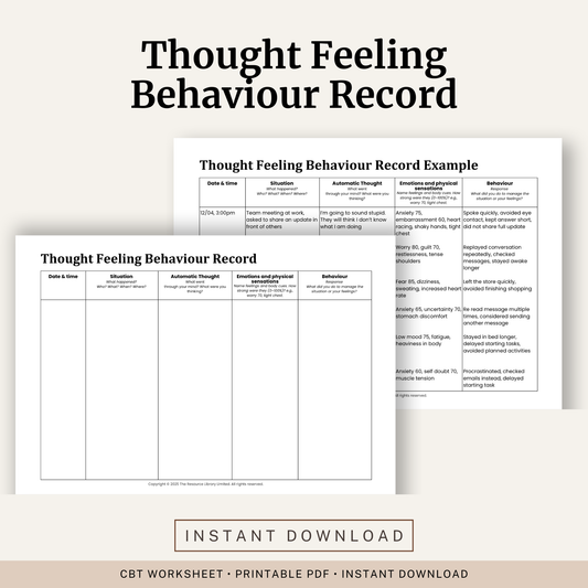 Printable Thought Feeling Behaviour Record featuring a CBT thought record, automatic thoughts, emotions, physical sensations, behavioural responses and a completed example.