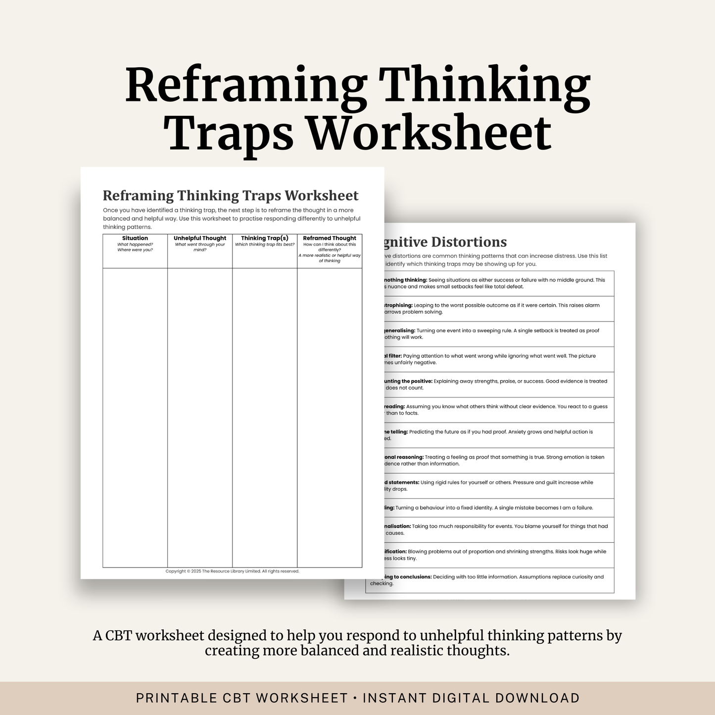 Printable Reframing Thinking Traps Worksheet featuring CBT cognitive restructuring, thinking traps, cognitive distortions, balanced thinking, a completed example and a cognitive distortions reference guide.