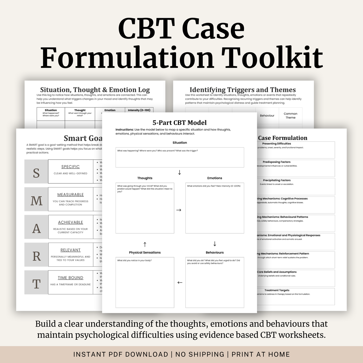 CBT Case Formulation Toolkit printable PDF featuring CBT worksheets for case conceptualisation, treatment planning and psychological assessment.