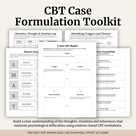 CBT Case Formulation Toolkit printable PDF featuring CBT worksheets for case conceptualisation, treatment planning and psychological assessment.