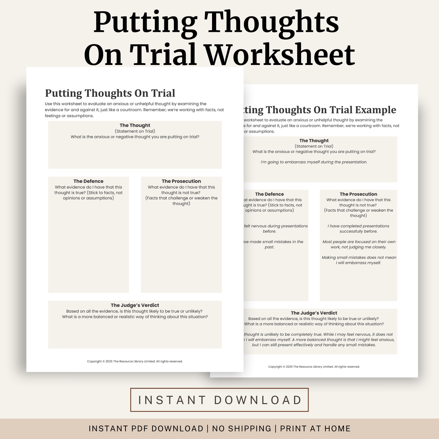 Printable Putting Thoughts on Trial Worksheet featuring CBT thought challenging, evidence for and against, balanced thinking, courtroom framework and a completed example.
