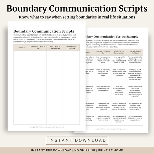 Printable Boundary Communication Scripts Worksheet featuring healthy boundary setting, assertive communication, boundary scripts and a completed example.