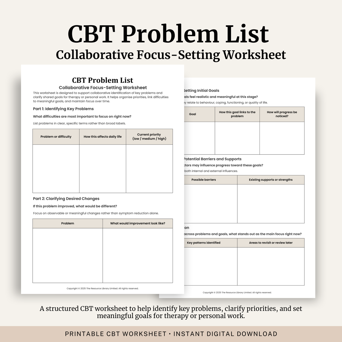 Printable CBT Problem List Worksheet featuring collaborative focus setting, problem prioritisation, goal setting, barriers, strengths and reflection.