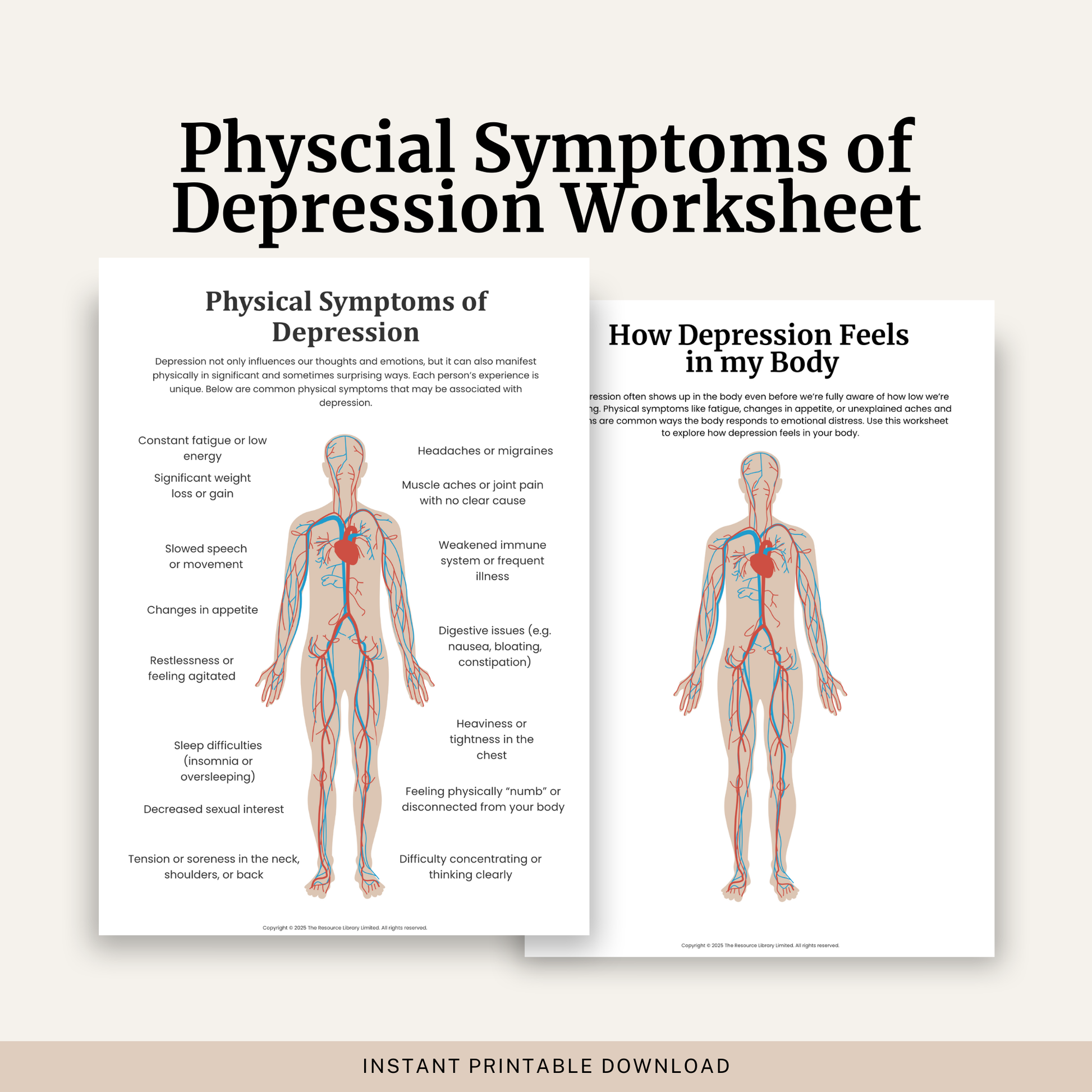 Printable Physical Symptoms of Depression Worksheet featuring a depression body map, common physical symptoms of depression, body awareness and depression psychoeducation.