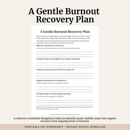 Printable Burnout Recovery Plan Worksheet featuring burnout recovery priorities, recovery supports, barriers to recovery, self care planning and gentle action steps.