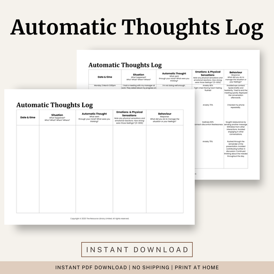 Printable Automatic Thoughts Log featuring CBT self monitoring, automatic thoughts, emotions, physical sensations, behavioural responses and a completed example.