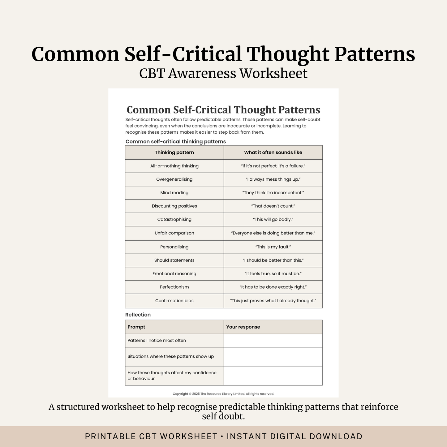 Printable Common Self-Critical Thought Patterns Worksheet featuring self-critical thinking patterns, self-doubt, CBT reflection questions and self awareness exercises.