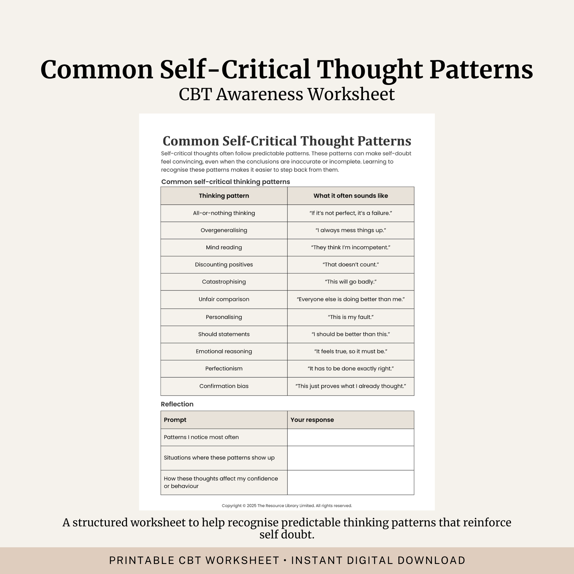 Printable Common Self-Critical Thought Patterns Worksheet featuring self-critical thinking patterns, self-doubt, CBT reflection questions and self awareness exercises.