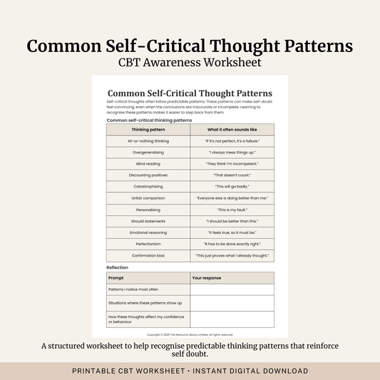 Printable Common Self-Critical Thought Patterns Worksheet featuring self-critical thinking patterns, self-doubt, CBT reflection questions and self awareness exercises.
