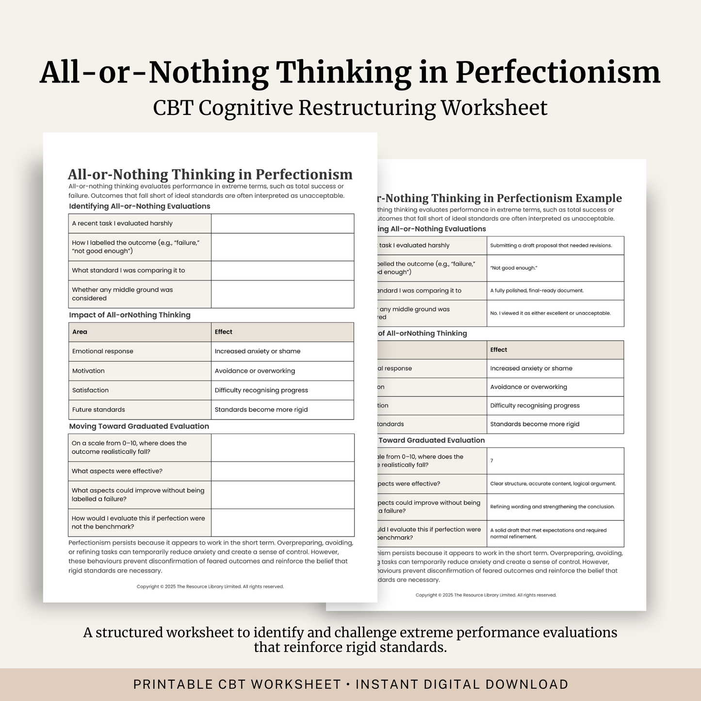 Printable All-or-Nothing Thinking Worksheet featuring CBT strategies for perfectionism, identifying rigid thinking patterns, graduated evaluation exercises and a completed example.