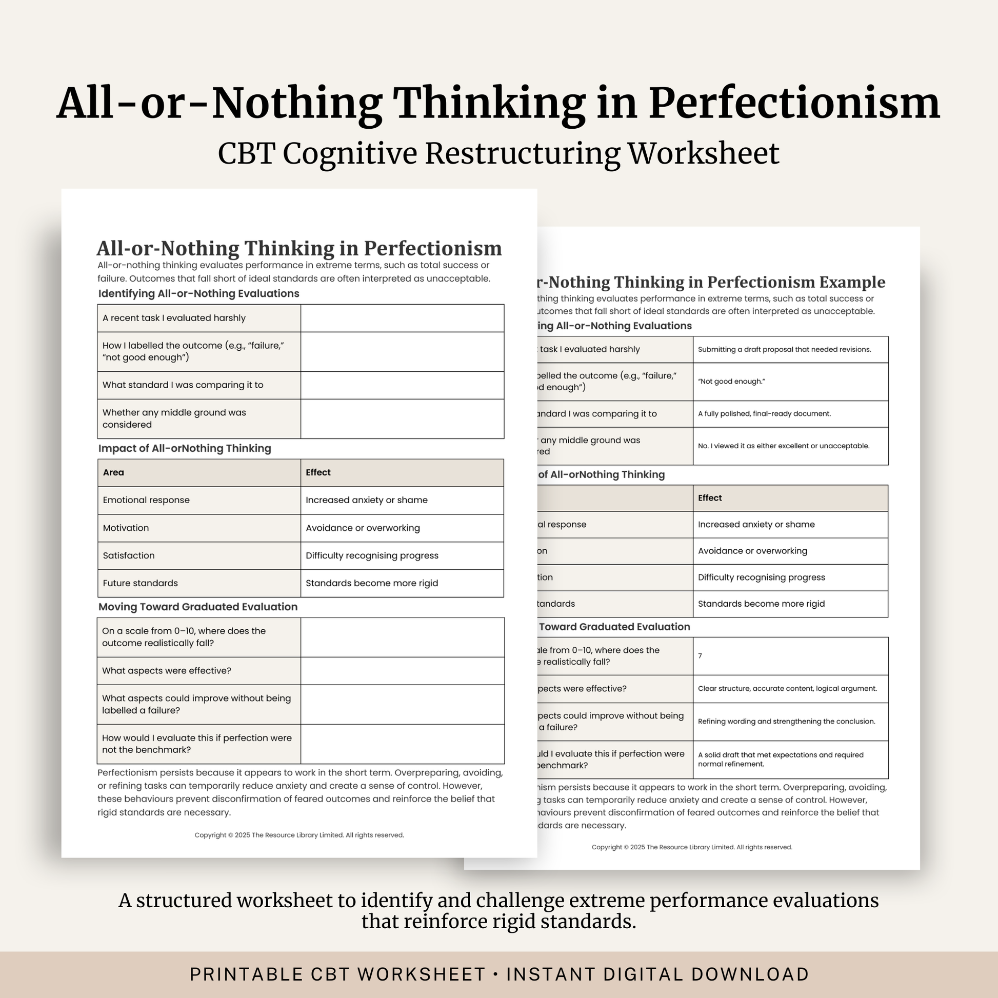 Printable All-or-Nothing Thinking Worksheet featuring CBT strategies for perfectionism, identifying rigid thinking patterns, graduated evaluation exercises and a completed example.