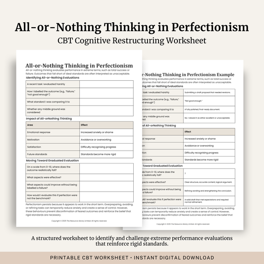 Printable All-or-Nothing Thinking Worksheet featuring CBT strategies for perfectionism, identifying rigid thinking patterns, graduated evaluation exercises and a completed example.