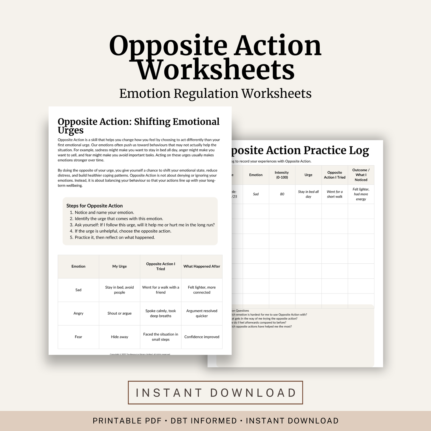 Printable Opposite Action Worksheets featuring DBT emotion regulation, emotional urges, Opposite Action practice log, emotion regulation map and coping strategies.