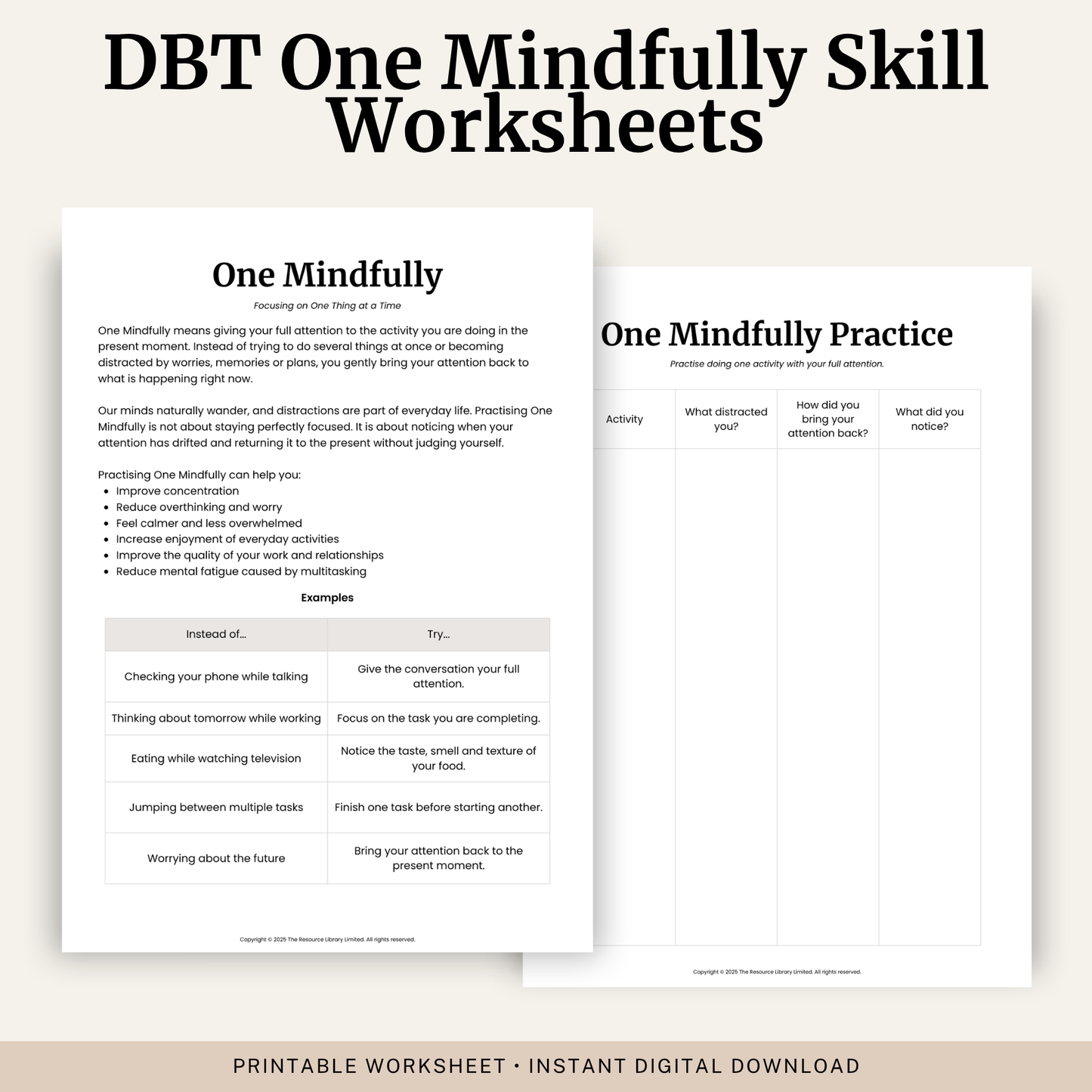 One Mindfully DBT Skill Worksheet