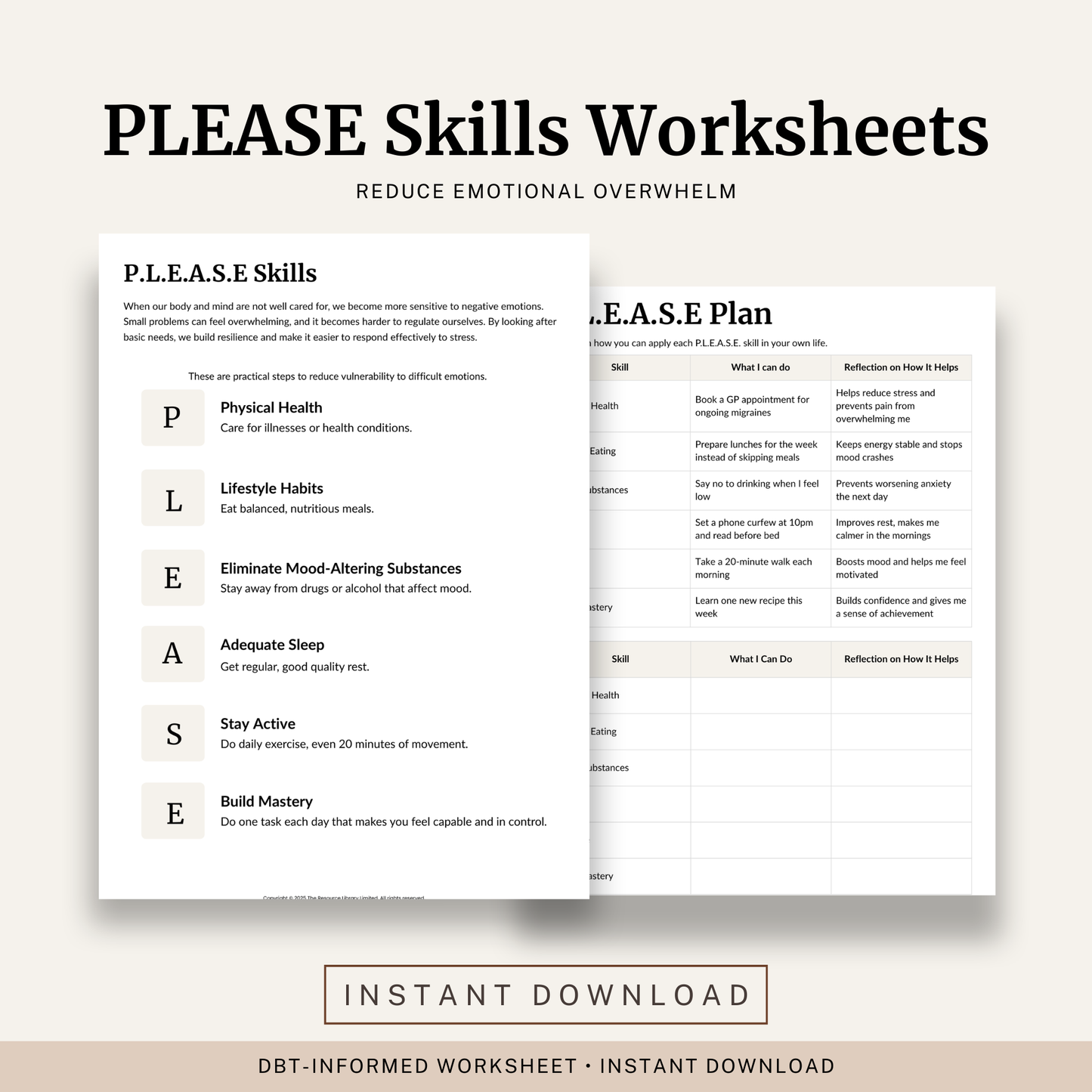 Printable P.L.E.A.S.E Skills Worksheets featuring DBT emotion regulation, healthy lifestyle habits, P.L.E.A.S.E planning worksheets and emotional wellbeing reflection.