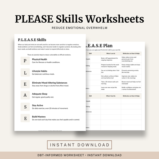 Printable P.L.E.A.S.E Skills Worksheets featuring DBT emotion regulation, healthy lifestyle habits, P.L.E.A.S.E planning worksheets and emotional wellbeing reflection.