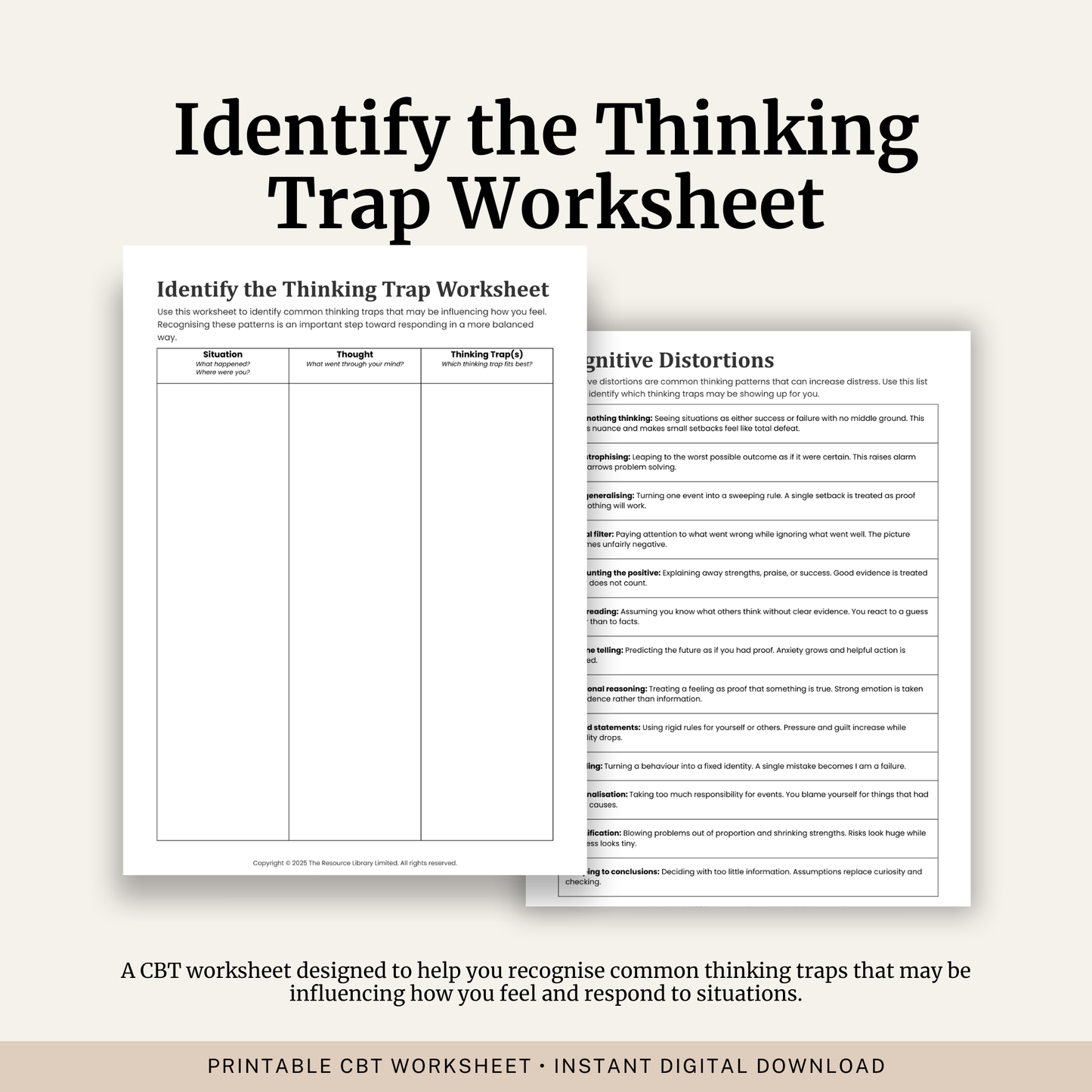 Printable Identify the Thinking Trap Worksheet featuring CBT cognitive distortions, thinking traps, cognitive restructuring, a completed example and a cognitive distortions reference guide.