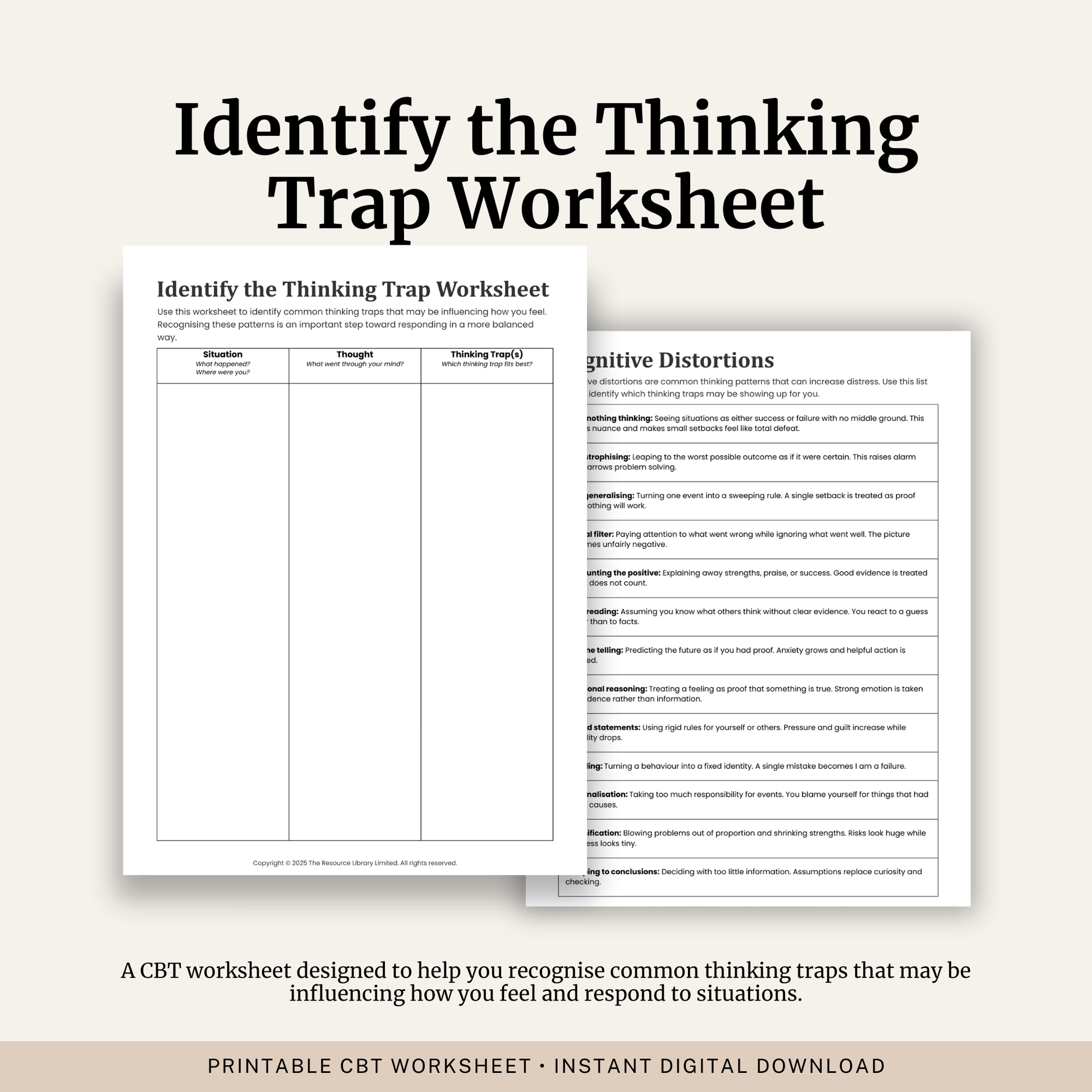 Printable Identify the Thinking Trap Worksheet featuring CBT cognitive distortions, thinking traps, cognitive restructuring, a completed example and a cognitive distortions reference guide.
