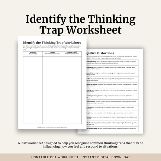 Printable Identify the Thinking Trap Worksheet featuring CBT cognitive distortions, thinking traps, cognitive restructuring, a completed example and a cognitive distortions reference guide.