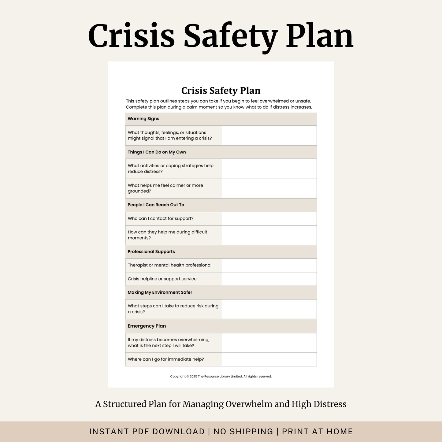 Printable Crisis Safety Plan Worksheet featuring warning signs, coping strategies, support contacts, professional supports, environmental safety planning and an emergency action plan.
