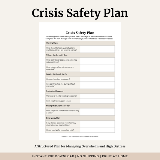 Printable Crisis Safety Plan Worksheet featuring warning signs, coping strategies, support contacts, professional supports, environmental safety planning and an emergency action plan.