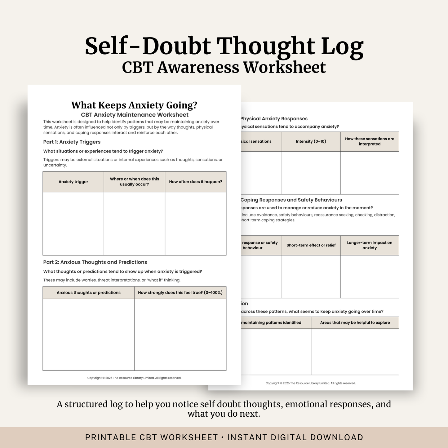 Printable Self-Doubt Thought Log featuring self confidence building, self doubt tracking, emotional responses, behaviour patterns, self reflection and a completed example.
