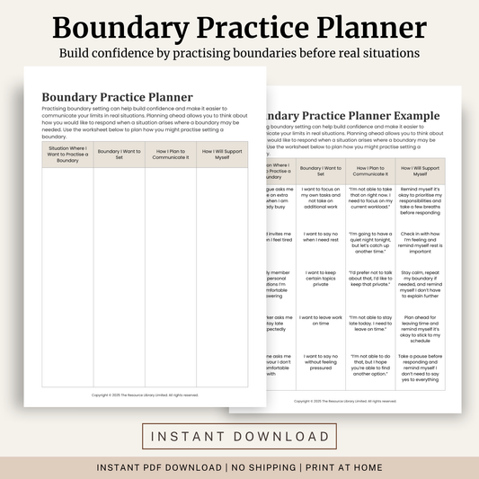 Printable Boundary Practice Planner featuring boundary setting, assertive communication, planning difficult conversations, self support strategies and a completed example.