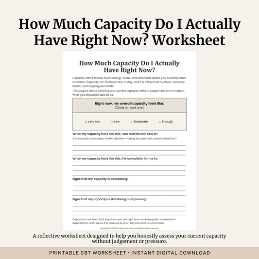 Printable How Much Capacity Do I Actually Have Right Now? Worksheet featuring burnout recovery, capacity assessment, realistic expectations, signs of burnout and self reflection.