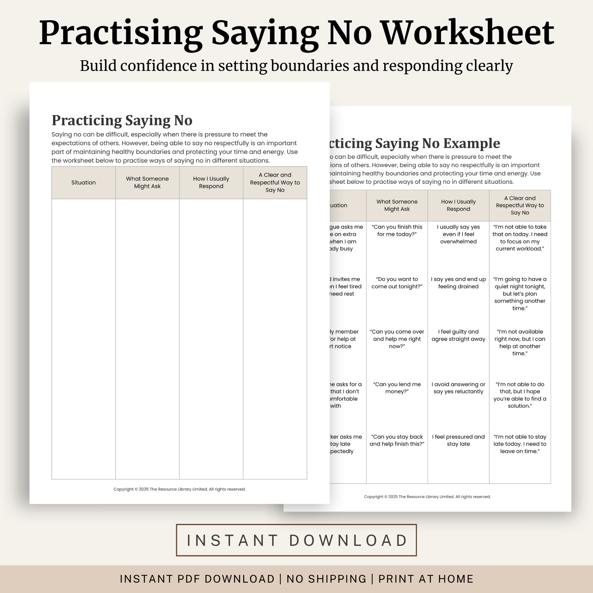 Printable Practicing Saying No Worksheet featuring healthy boundaries, assertive communication, respectful responses, people pleasing and a completed example.
