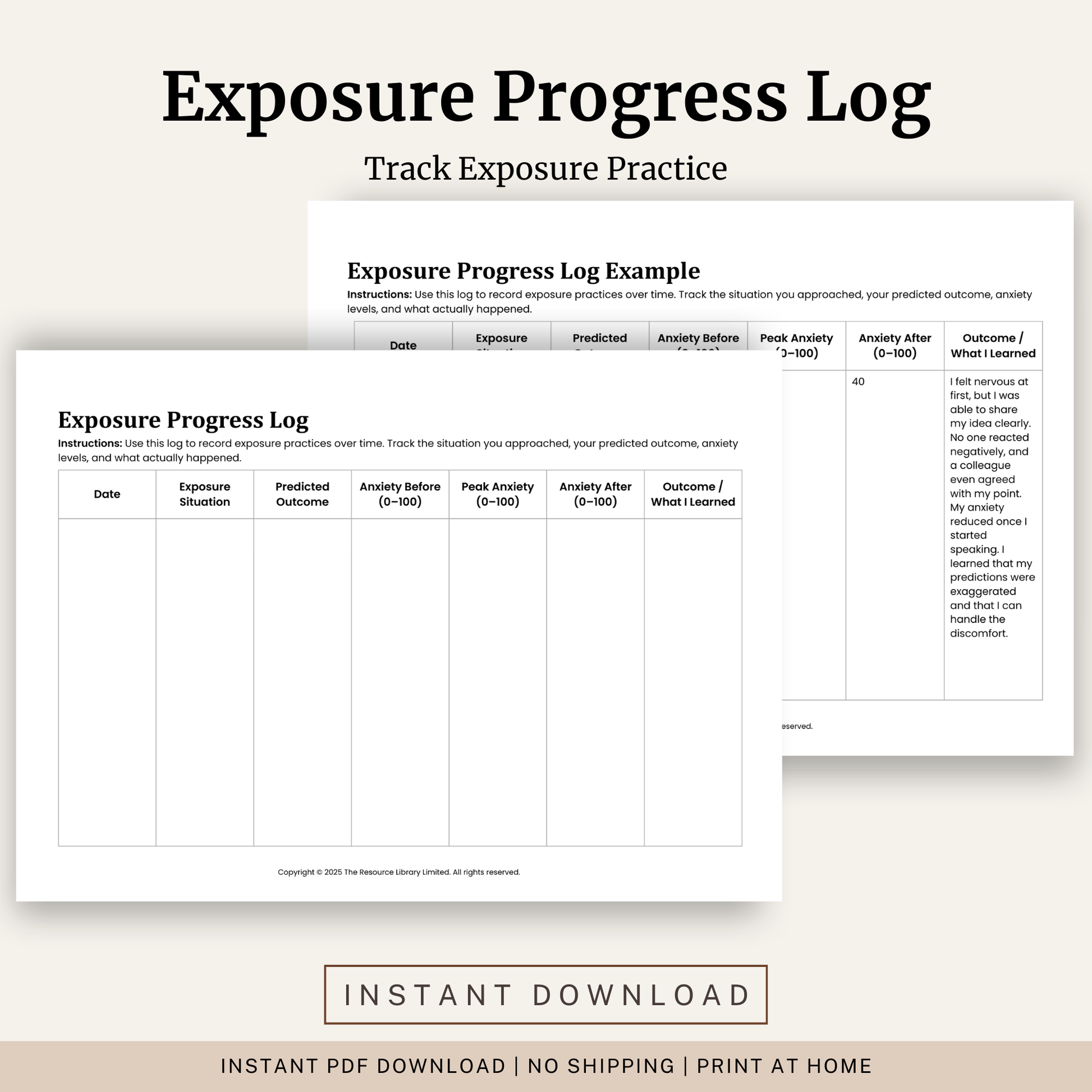 Printable Exposure Progress Log featuring exposure therapy tracking, anxiety ratings, predicted versus actual outcomes, progress monitoring and a completed example.